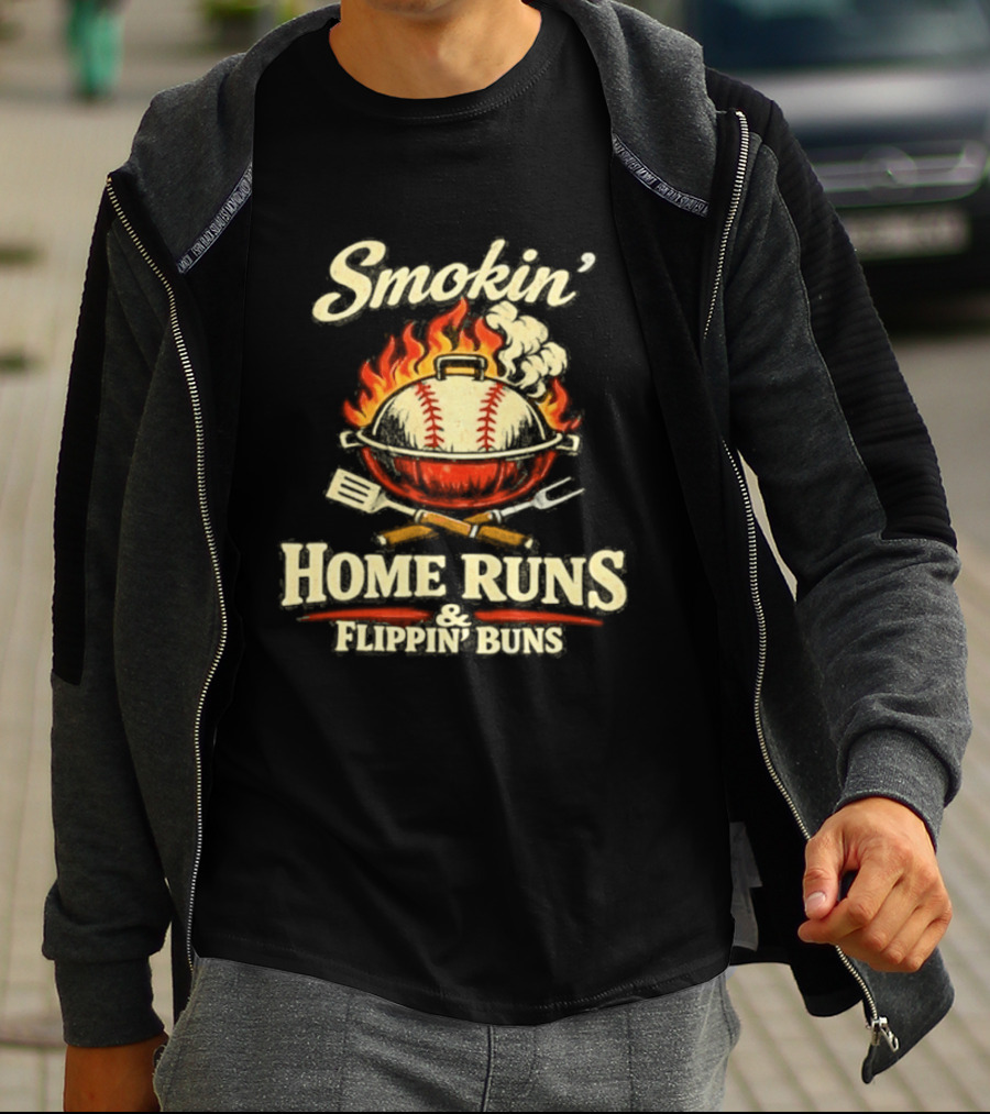 Smokin Home Runs Flippin Buns Baseball Grill Flame T-Shirt
