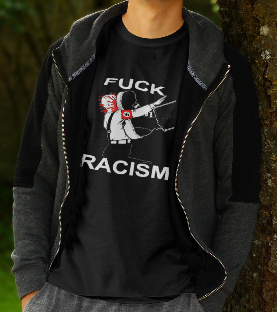 Fuck Racism Kicking On Fascist Silhouette With Red Paint Splatters T-Shirt