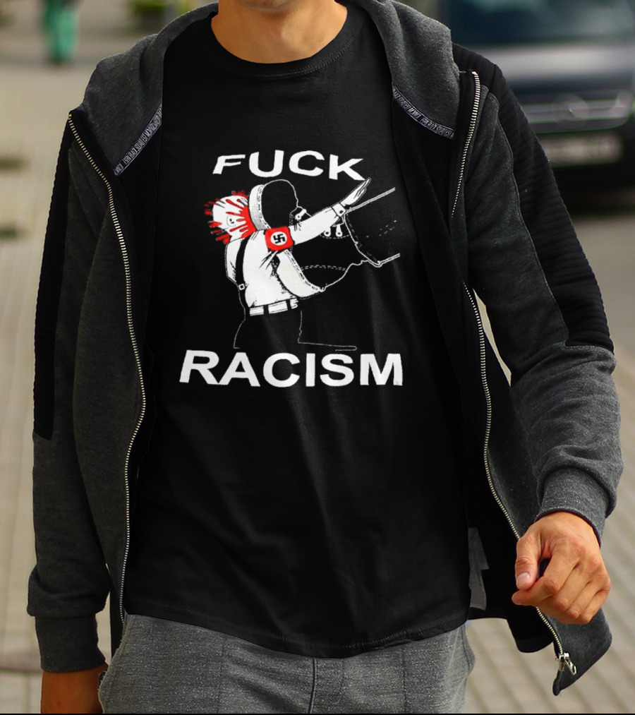 Fuck Racism Kicking On Fascist Silhouette With Red Paint Splatters T-Shirt