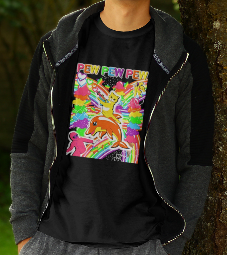 Pew Pew Pew Rainbow Pride Fun With Colorful Dolphins And Hearts T-Shirt