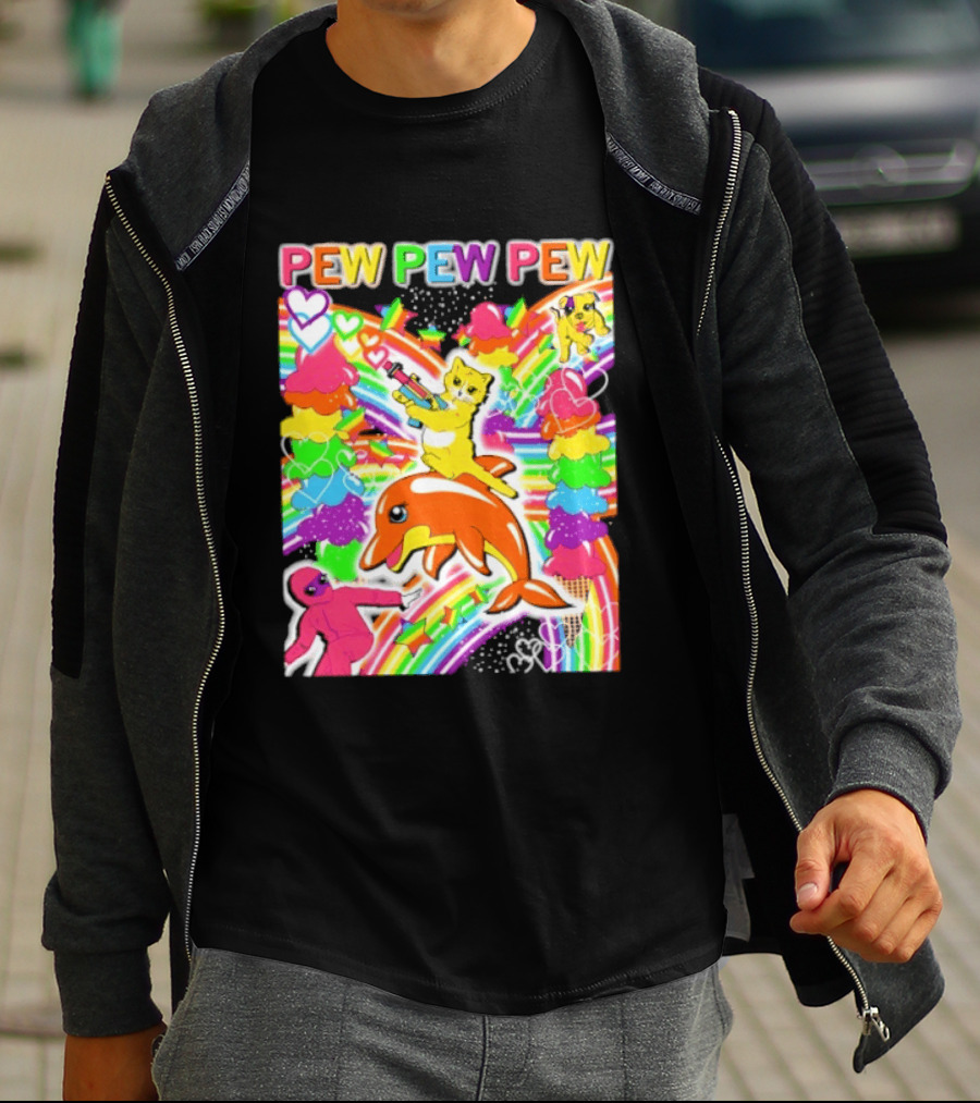 Pew Pew Pew Rainbow Pride Fun With Colorful Dolphins And Hearts T-Shirt