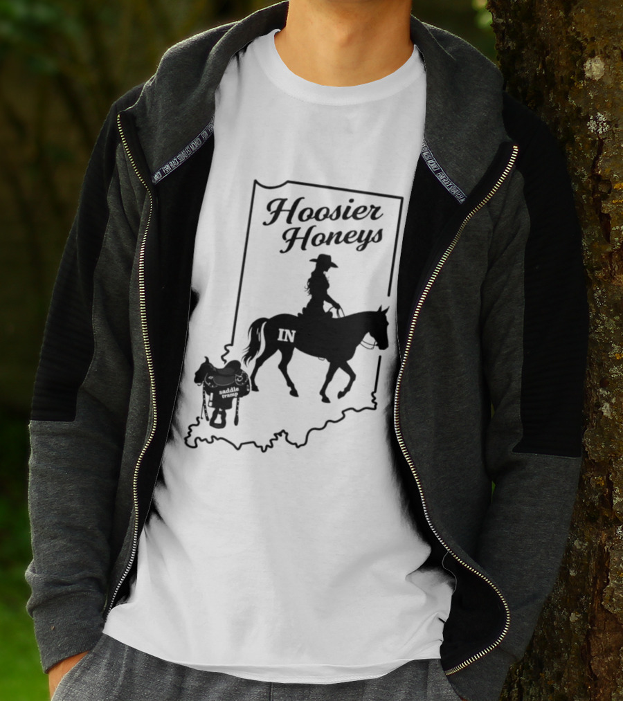 Hoosier Honeys Saddle Tramp Indiana State Map IN Horseback T-Shirt