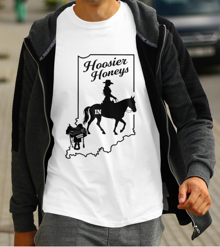 Hoosier Honeys Saddle Tramp Indiana State Map IN Horseback T-Shirt