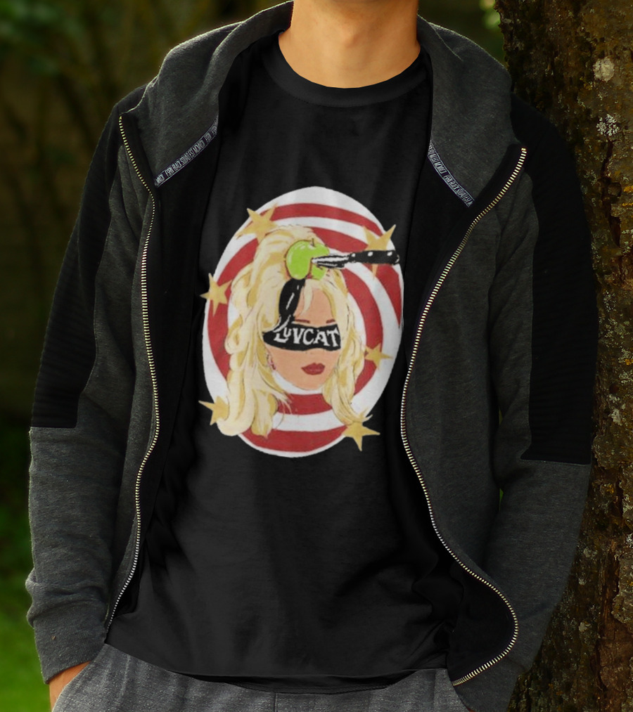 Luvcat Blonde Woman Bullseye Knife Apple Starburst T-Shirt