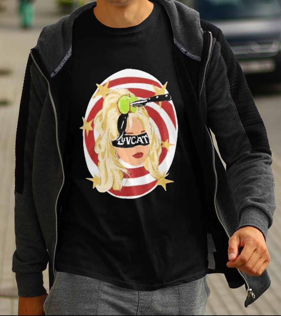Luvcat Blonde Woman Bullseye Knife Apple Starburst T-Shirt