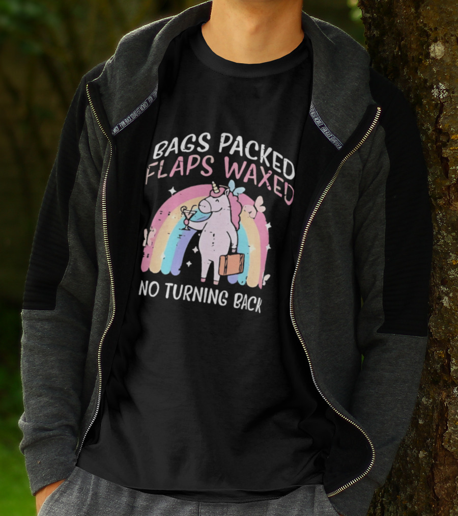 Bags Packed Flaps Waxed No Turning Back Unicorn Rainbow Adventure T-Shirt