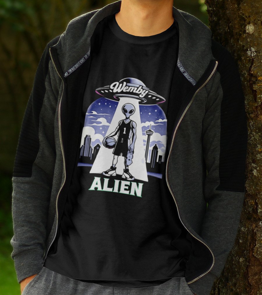 Wemby Alien Basketball UFO Skyline T-Shirt