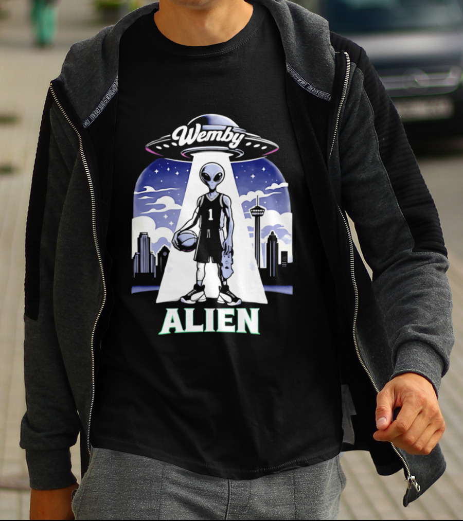 Wemby Alien Basketball UFO Skyline T-Shirt