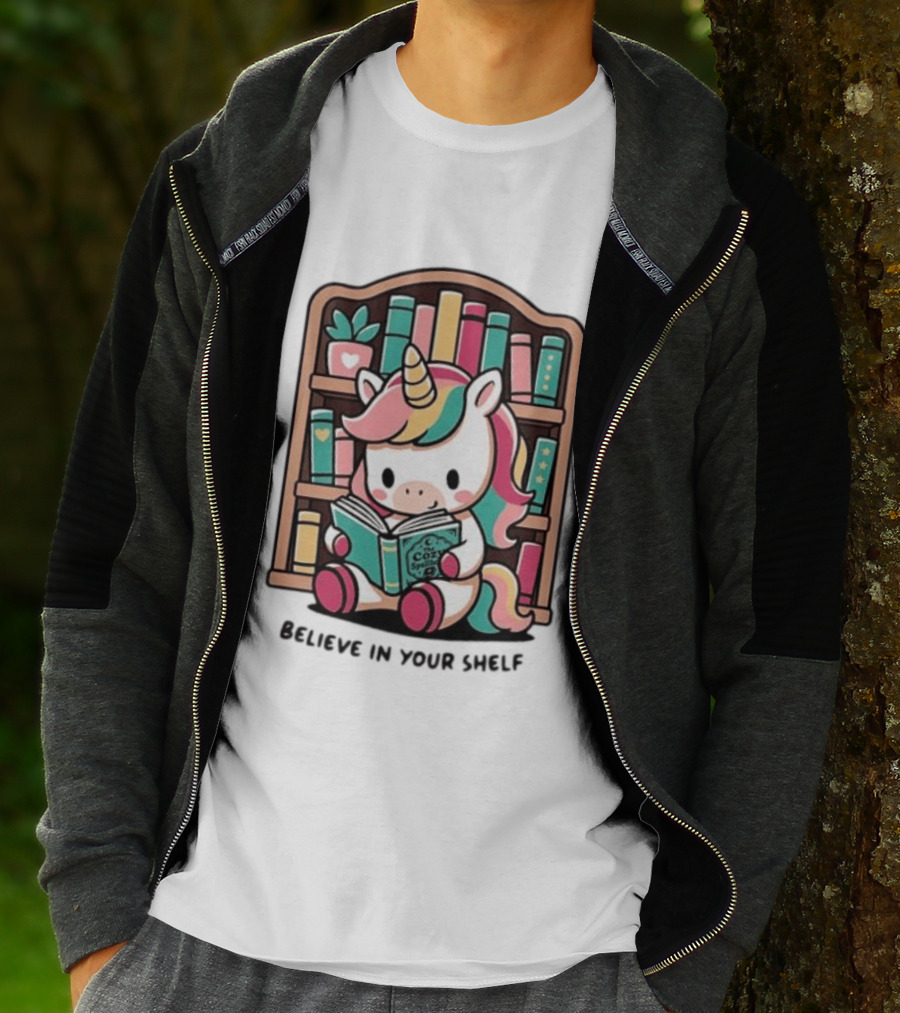 Unicorn Reading Believe In Your Shelf Bookshelf Magic T-Shirt