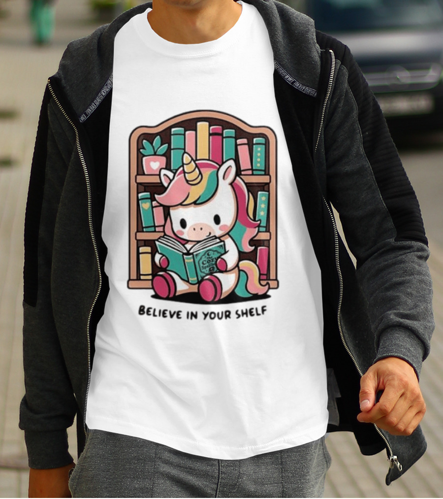 Unicorn Reading Believe In Your Shelf Bookshelf Magic T-Shirt