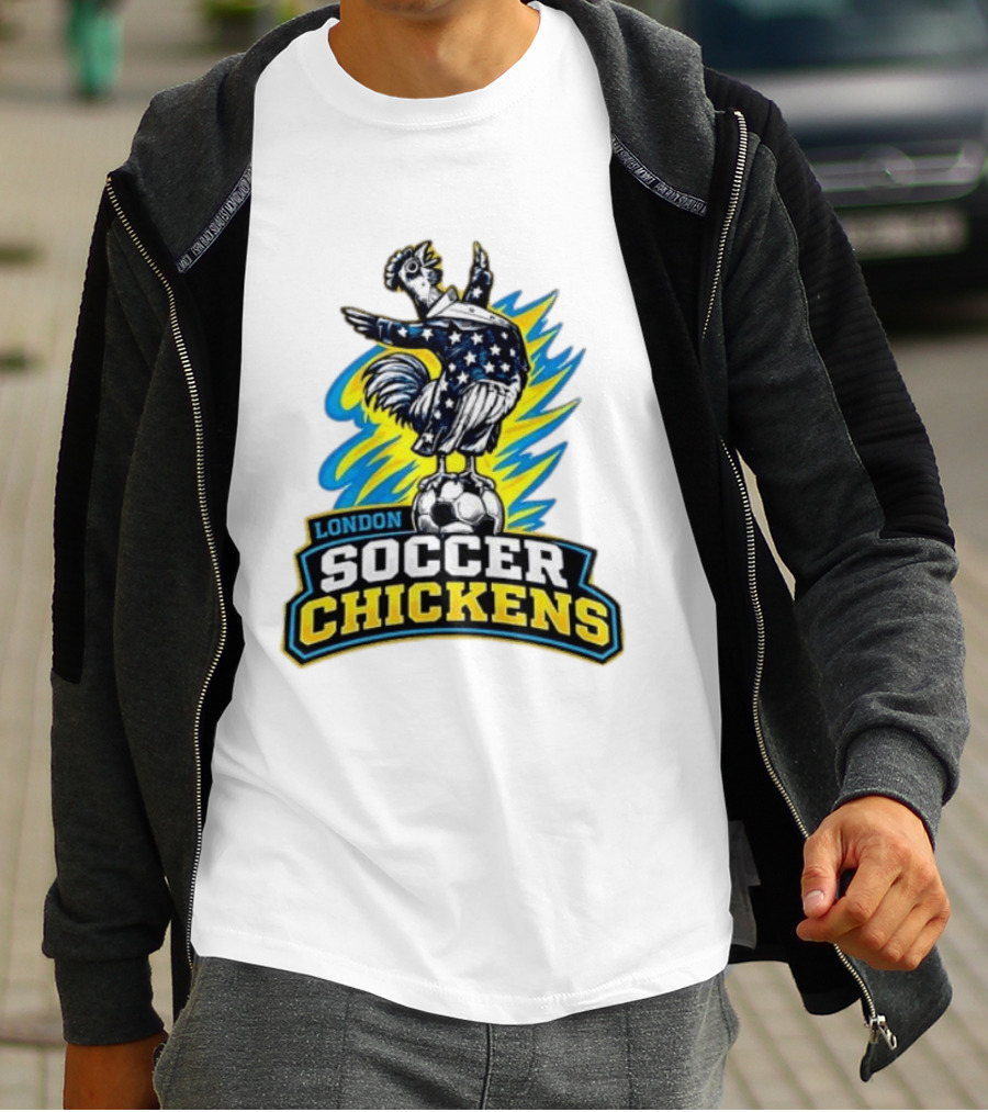 London Soccer Chickens Rooster On Soccer Ball With Stars And Stripes T-Shirt