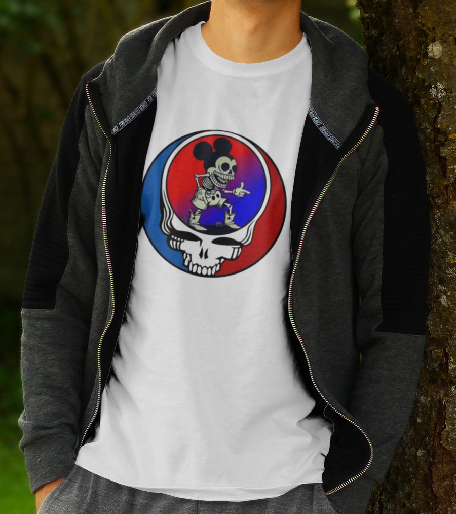 Mickey Mouse Skeleton With Grateful Dead Skull And Roses T-Shirt