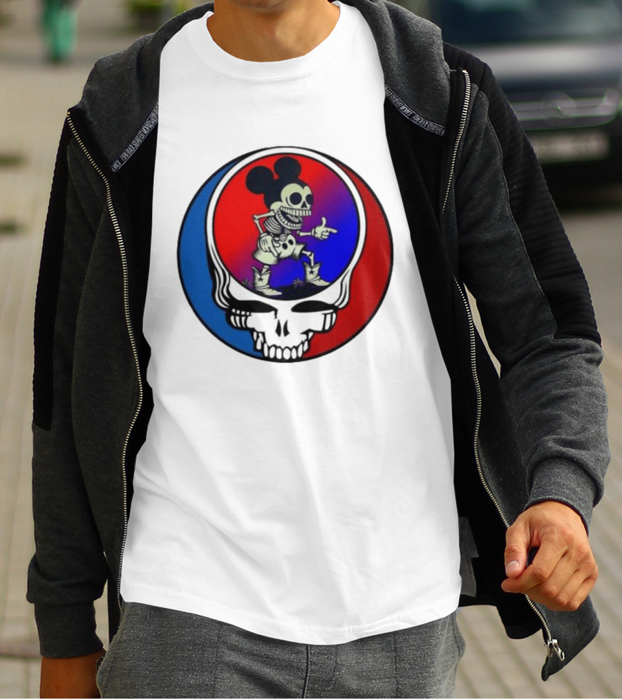 Mickey Mouse Skeleton With Grateful Dead Skull And Roses T-Shirt