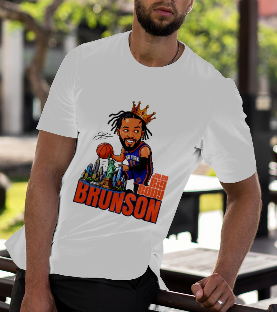 Jalen Brunson King Of NY Caricature With Statue Of Liberty And New York Skyline T-Shirt