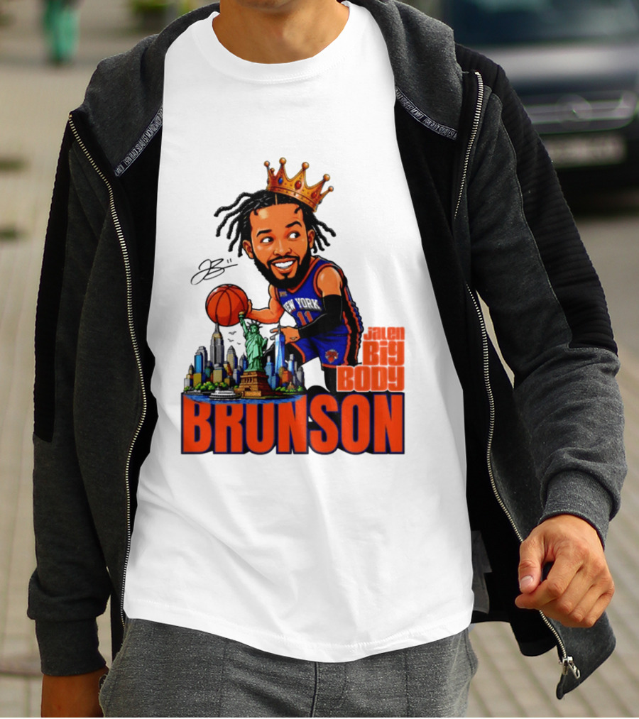 Jalen Brunson King Of NY Caricature With Statue Of Liberty And New York Skyline T-Shirt