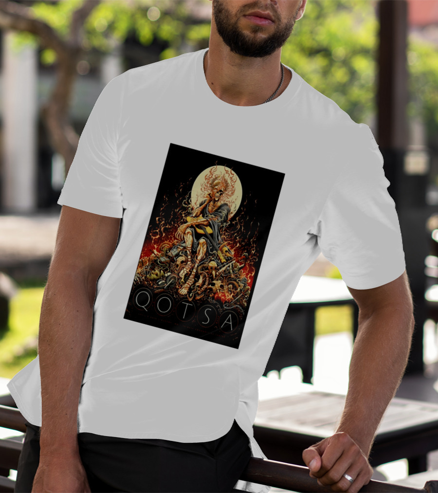QOTSA April 8 2024 Calgary Communities Centre Flaming Skeleton Throne T-Shirt