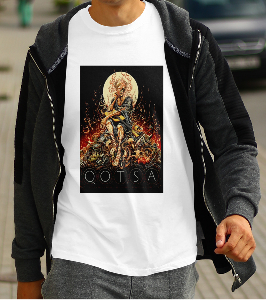 QOTSA April 8 2024 Calgary Communities Centre Flaming Skeleton Throne T-Shirt
