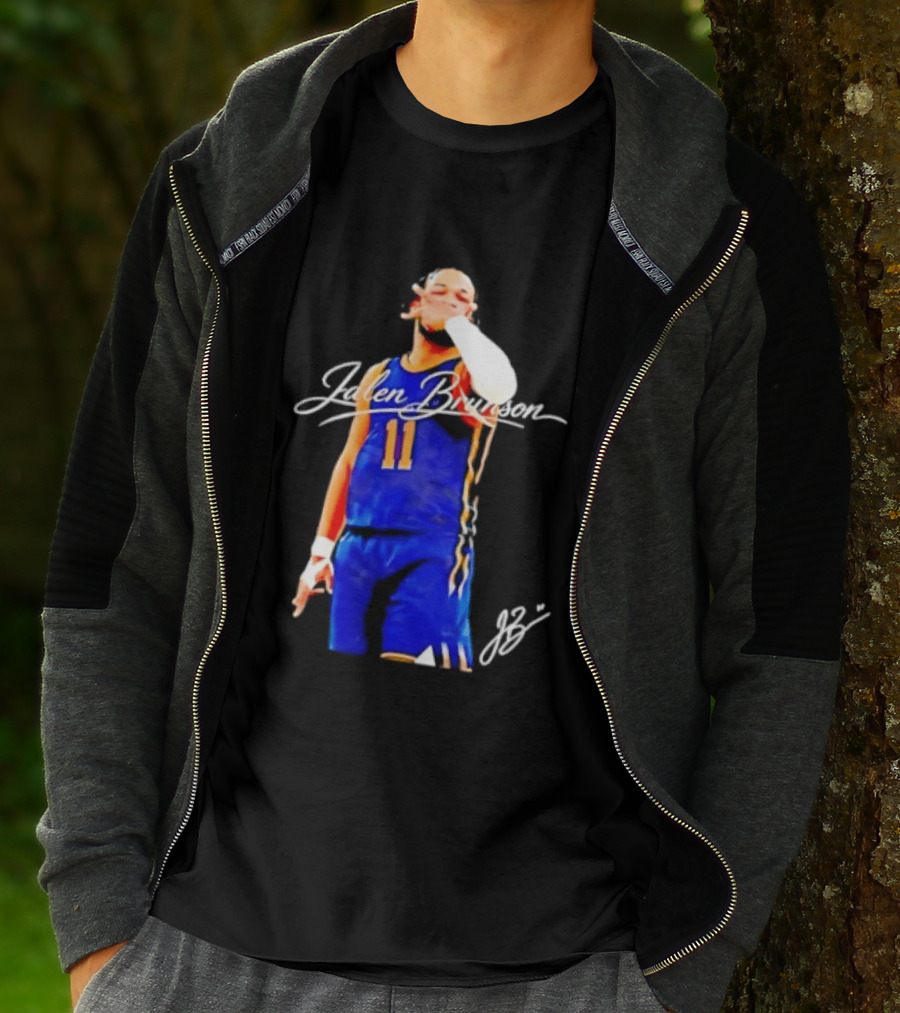 Jalen Brunson 11 Signature Gesture Basketball Blue Uniform T-Shirt