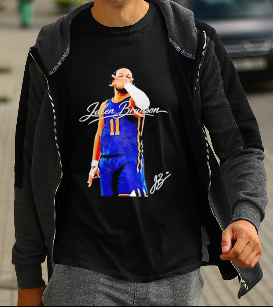 Jalen Brunson 11 Signature Gesture Basketball Blue Uniform T-Shirt