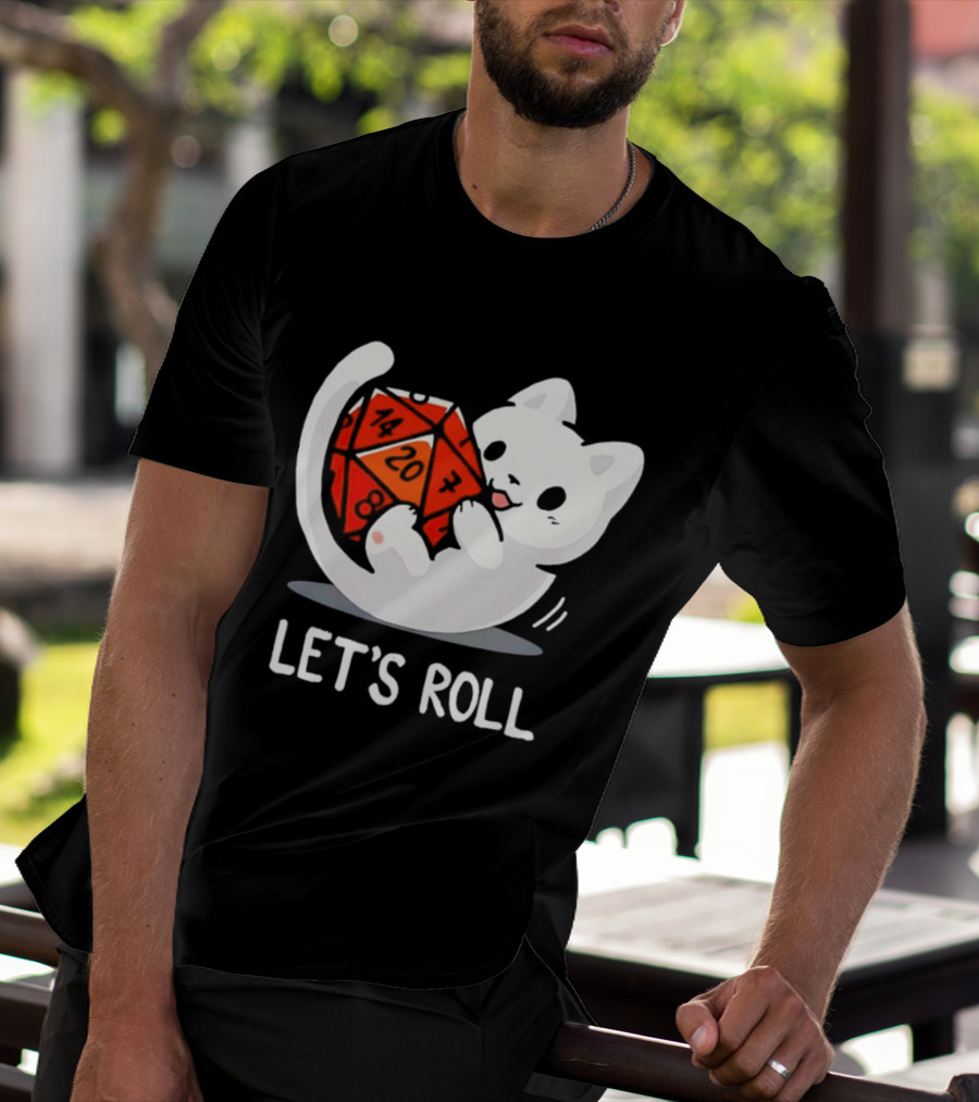 Let's Roll Cat Holding 20 Sided Die Dungeons And Dragons T-Shirt