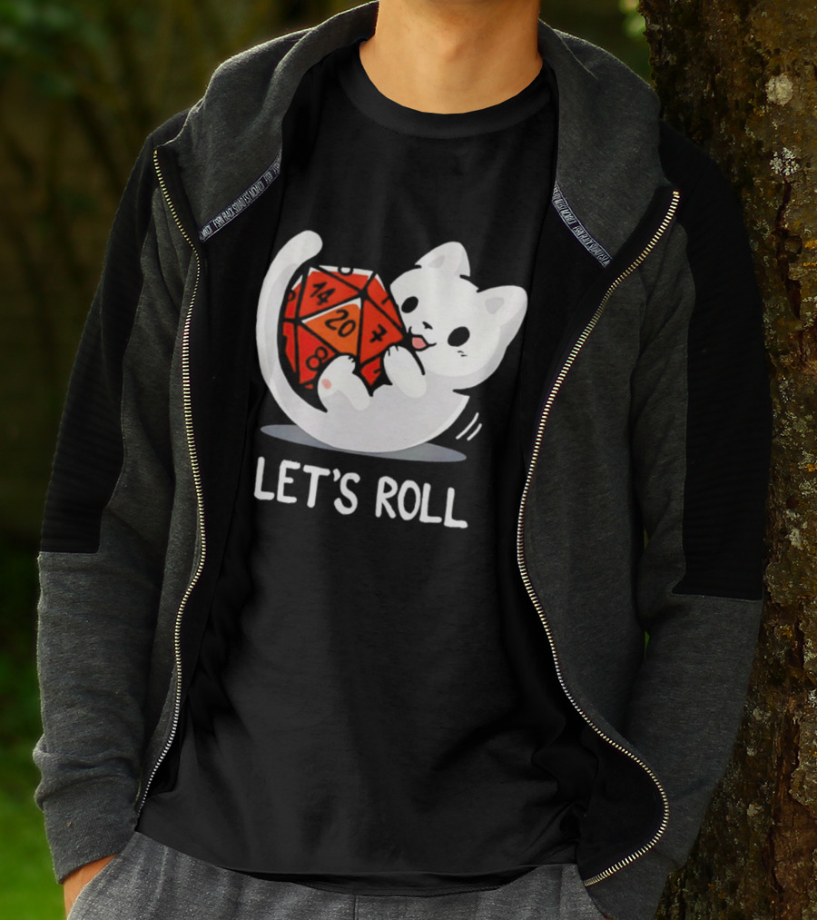 Let's Roll Cat Holding 20 Sided Die Dungeons And Dragons T-Shirt