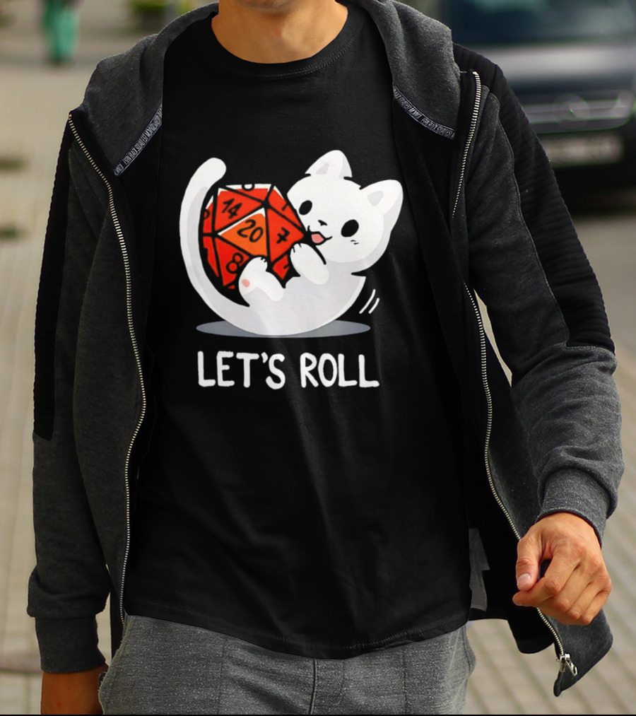 Let's Roll Cat Holding 20 Sided Die Dungeons And Dragons T-Shirt
