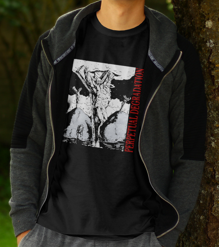 Perpetual Degradation Monster Crucifixion Skull Mountains Clouds T-Shirt