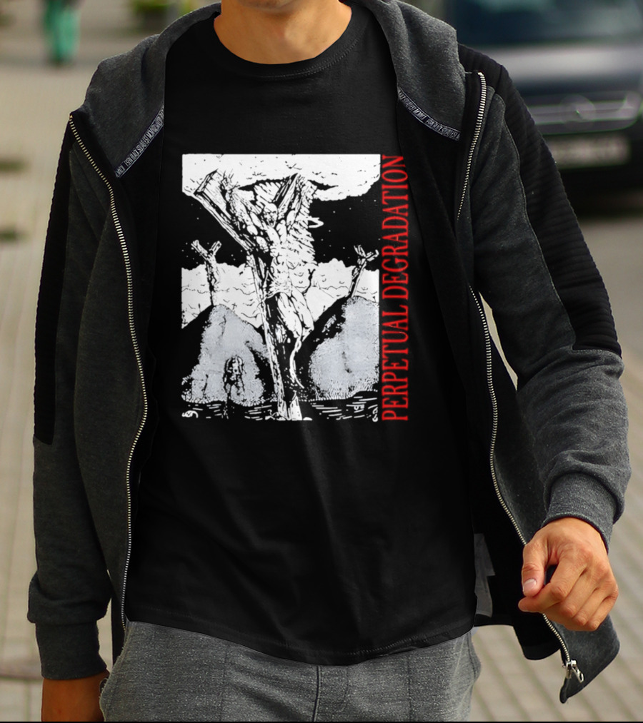 Perpetual Degradation Monster Crucifixion Skull Mountains Clouds T-Shirt