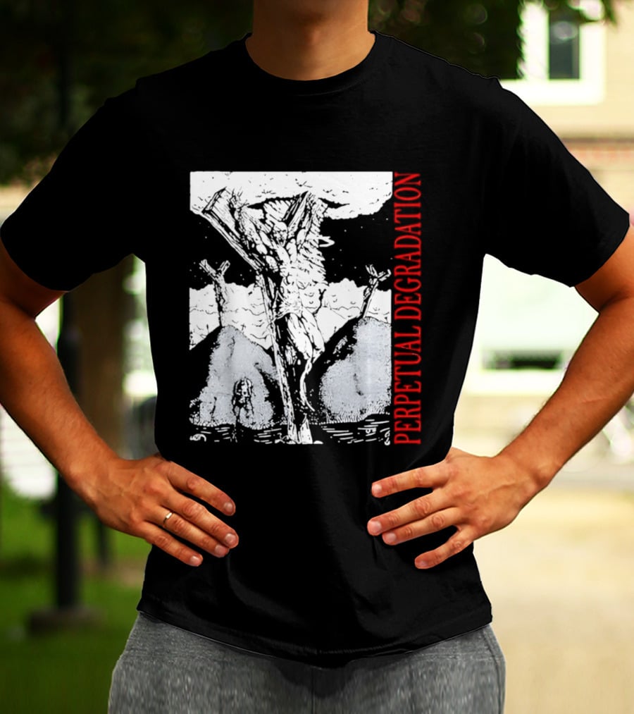 Perpetual Degradation Monster Crucifixion Skull Mountains Clouds T-Shirt