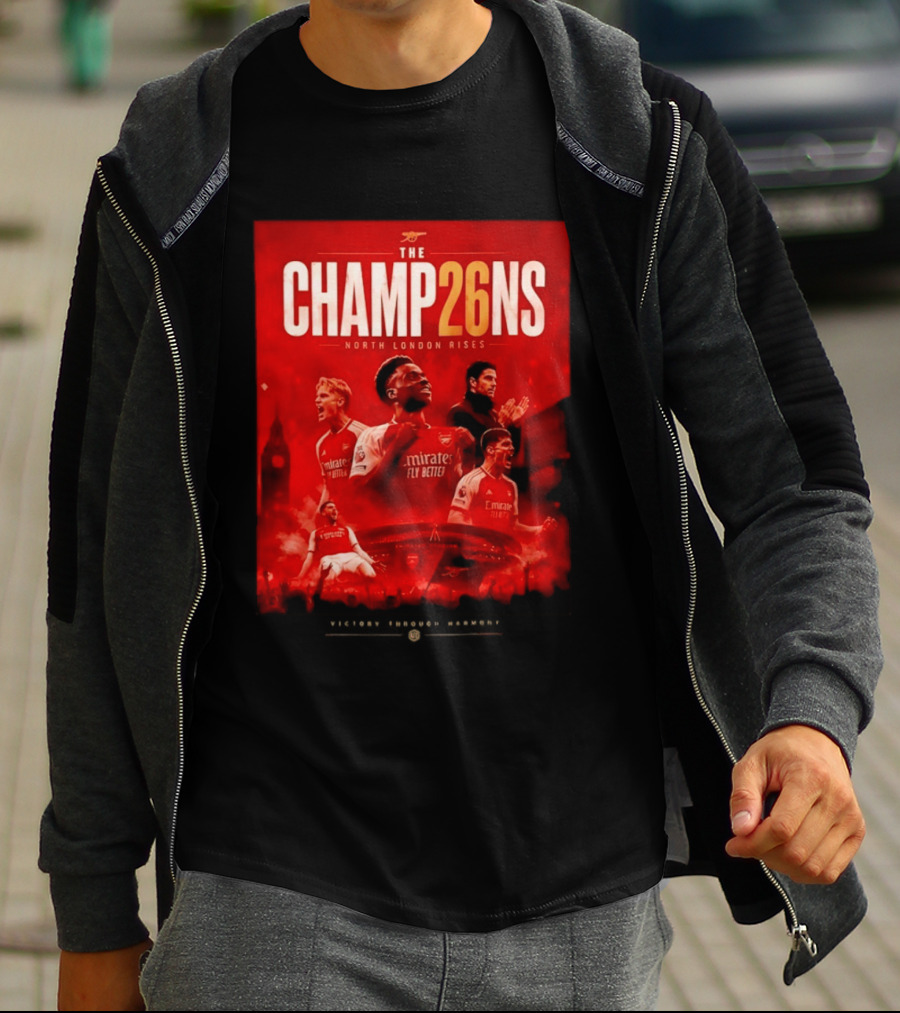Arsenal FC The Champ26ns North London Rises Emirates Fly Better 2026 T-Shirt
