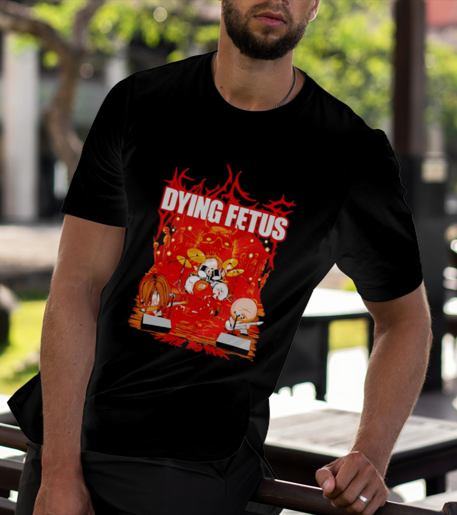 Dying Fetus Cartoon Band Rocking Out In Red Scene T-Shirt