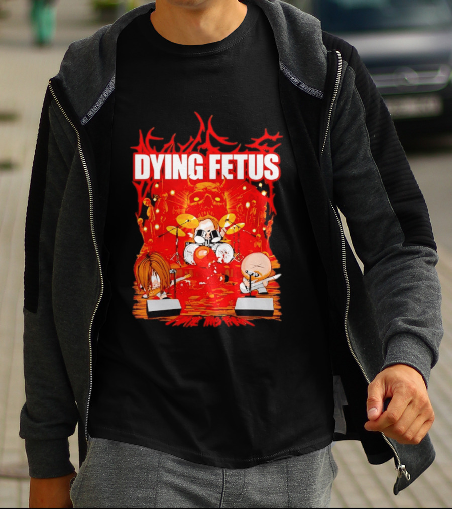 Dying Fetus Cartoon Band Rocking Out In Red Scene T-Shirt