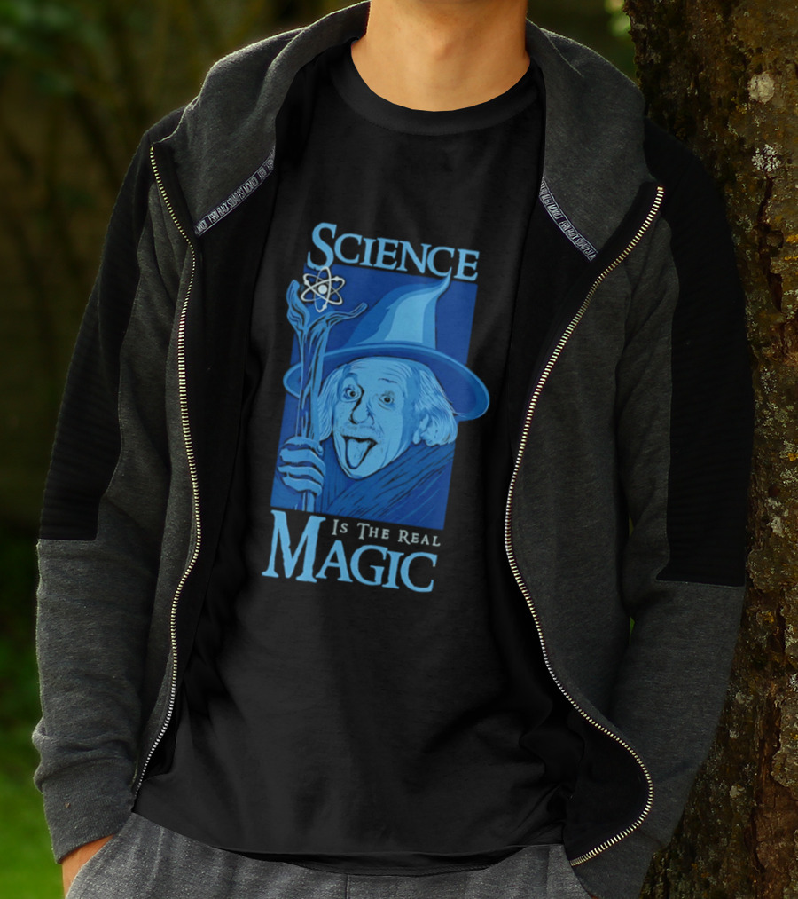 Science Is The Real Magic Einstein Wizard Motif T-Shirt