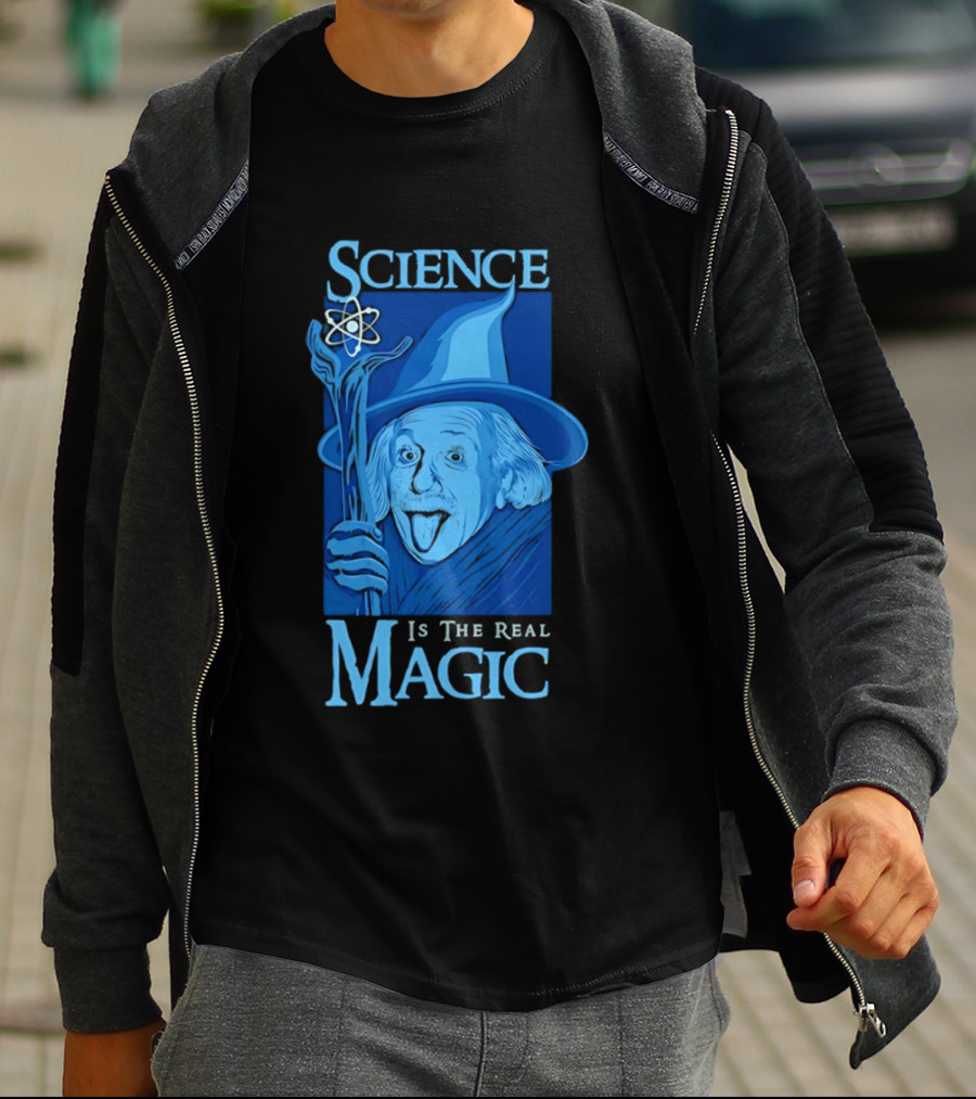 Science Is The Real Magic Einstein Wizard Motif T-Shirt
