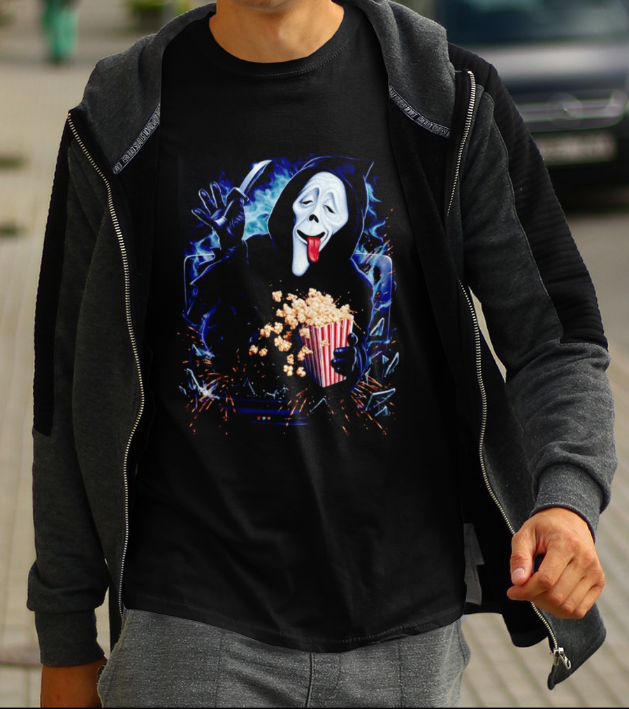 Ghost Face Spoof Knife Popcorn Scary Movie Munchies T-Shirt