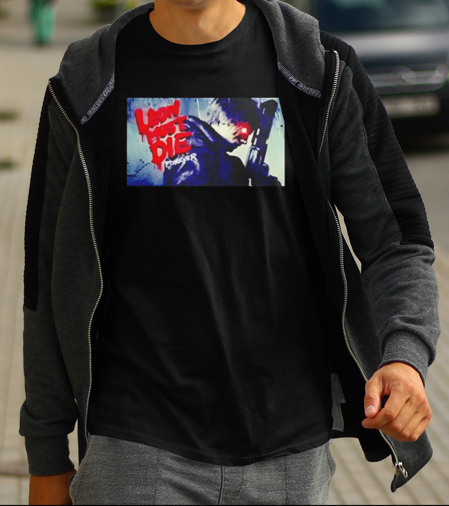Leon Must Die Forever Red Text Gaming Warrior With Dark Gunfighter T-Shirt