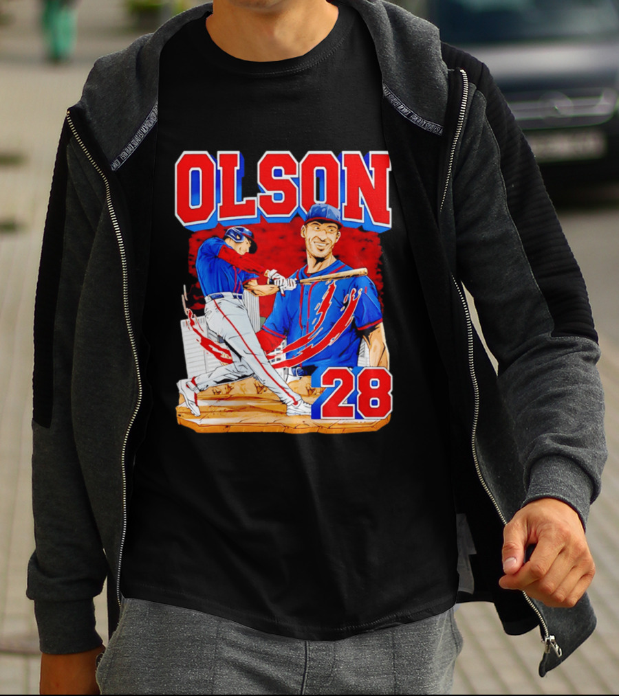 Olson 28 Baseball Player Blue And Red Hand Drawn T-Shirt