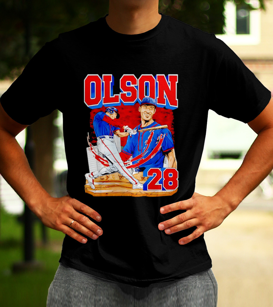 Olson 28 Baseball Player Blue And Red Hand Drawn T-Shirt