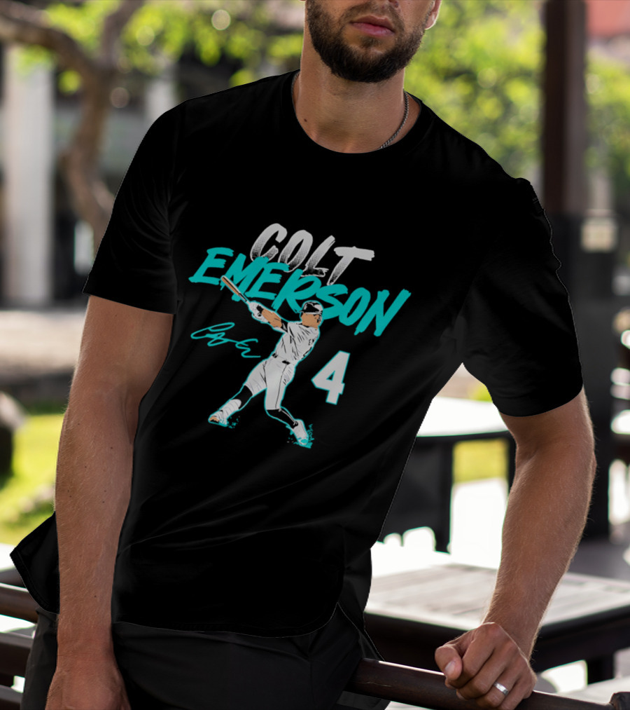 Colt Emerson Seattle Mariners Number 4 Slugger Swing Signature T-Shirt