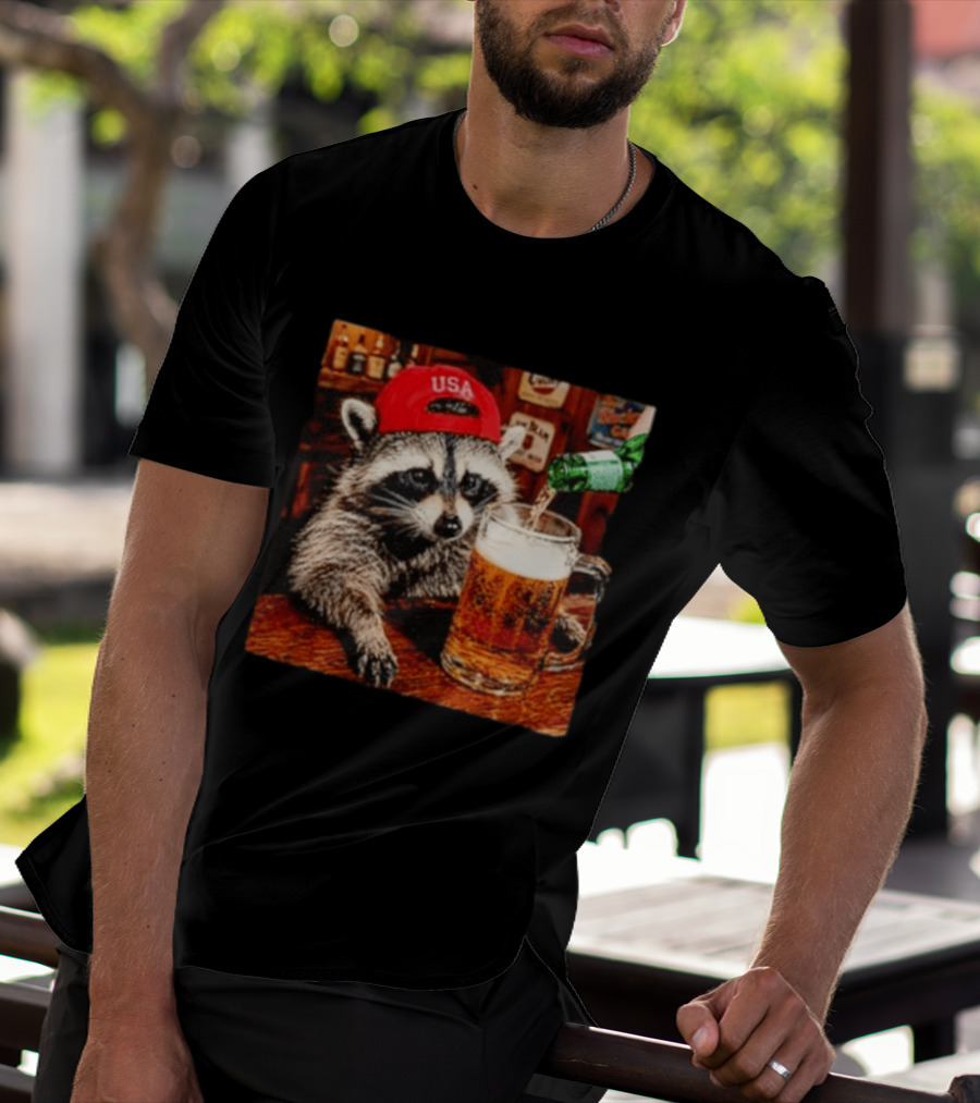 Patriotic Raccoon USA Hat Drinking Beer In Bar Scene T-Shirt