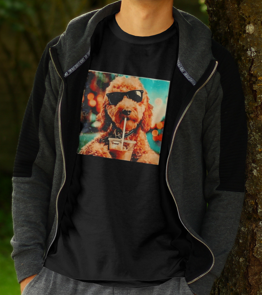 Goldendoodle With Sunglasses Enjoying Iced Coffee Retro Cool Vibes T-Shirt