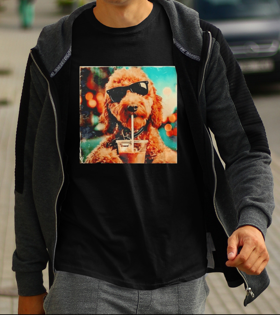 Goldendoodle With Sunglasses Enjoying Iced Coffee Retro Cool Vibes T-Shirt
