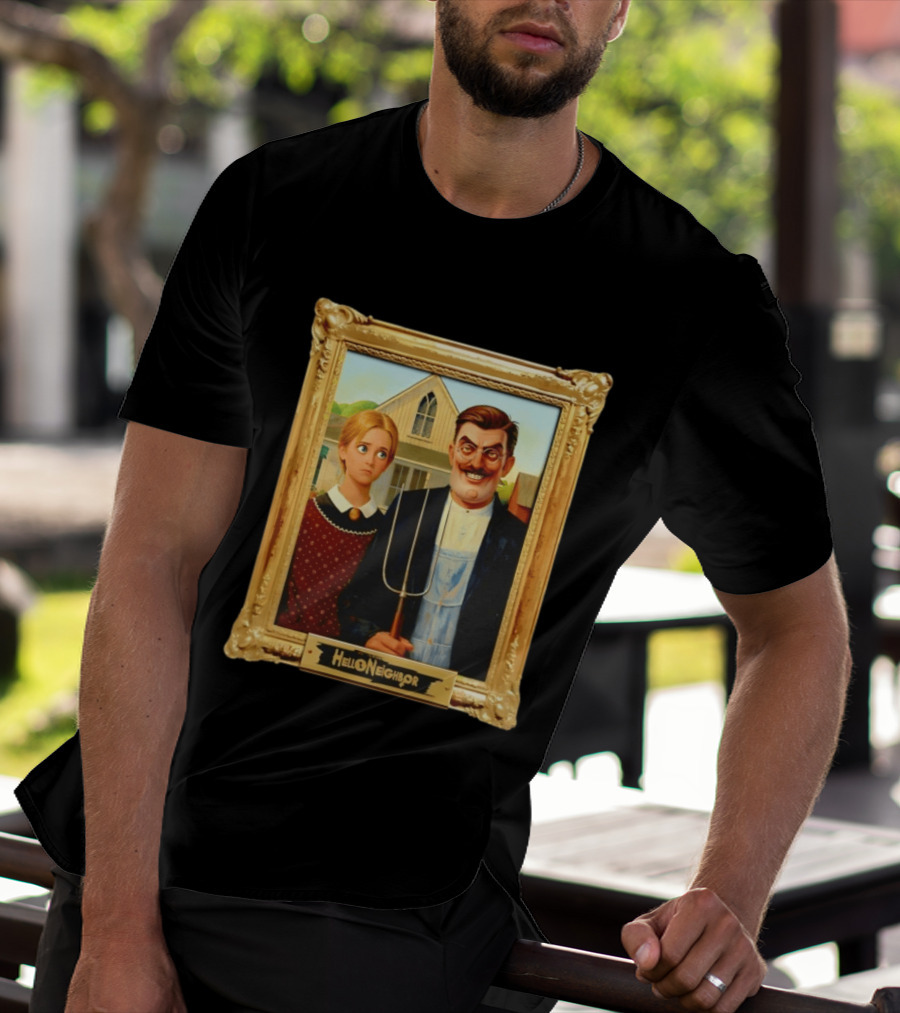 Hello Neighbor American Gothic Man Pitchfork Girl Painting Frame T-Shirt