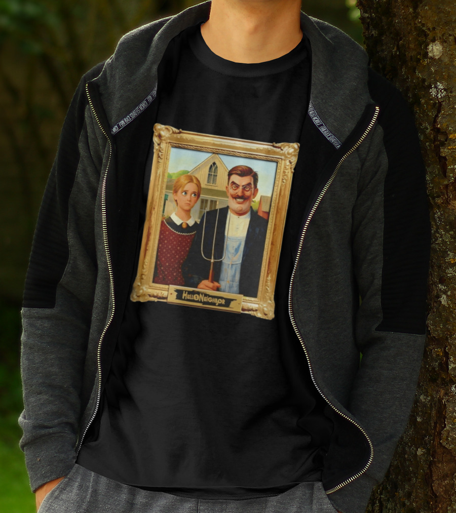 Hello Neighbor American Gothic Man Pitchfork Girl Painting Frame T-Shirt