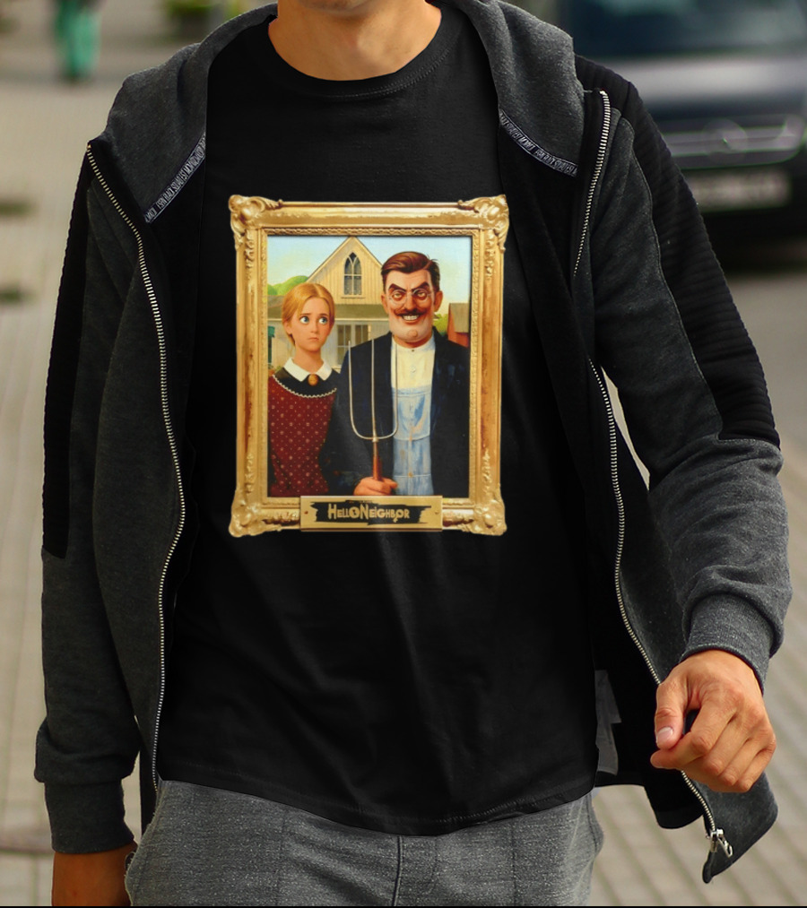 Hello Neighbor American Gothic Man Pitchfork Girl Painting Frame T-Shirt