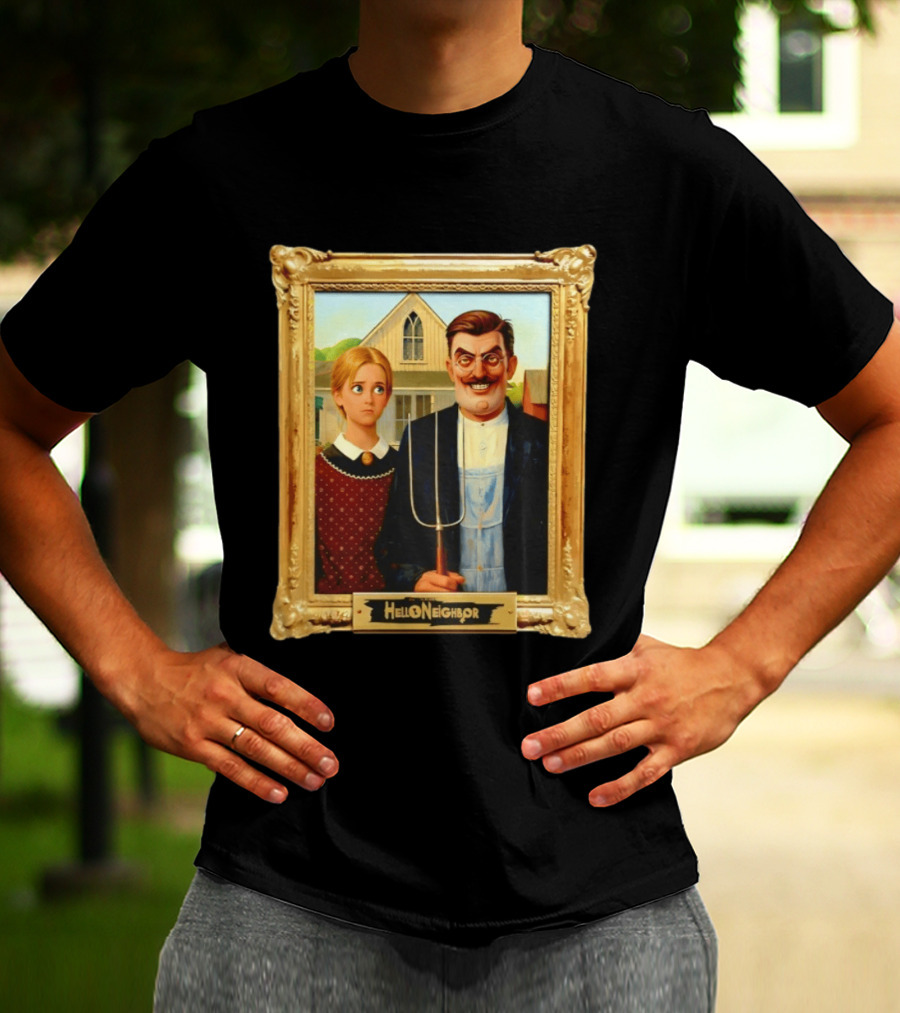 Hello Neighbor American Gothic Man Pitchfork Girl Painting Frame T-Shirt