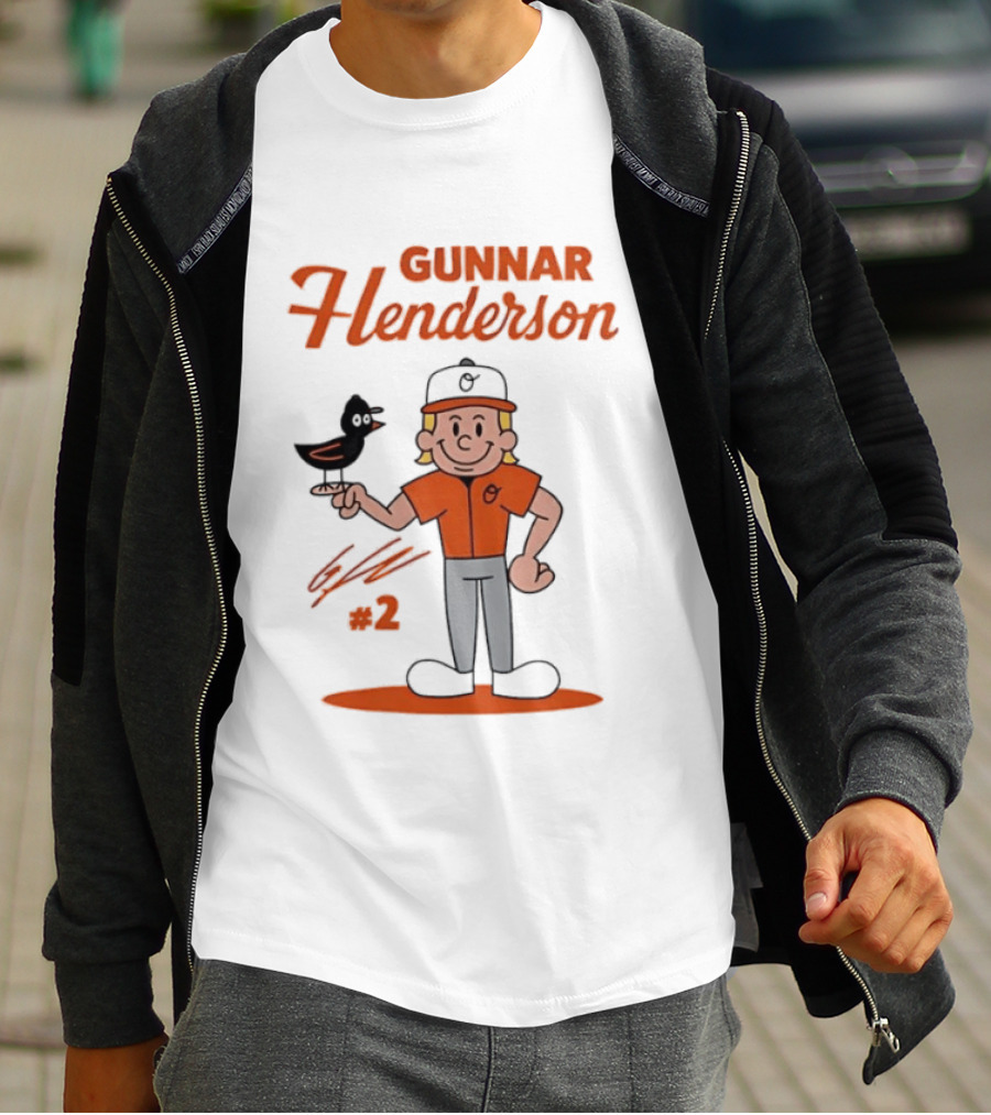 Gunnar Henderson Baltimore Orioles MLB Player Cartoon Character With Bird And Number 2 T-Shirt