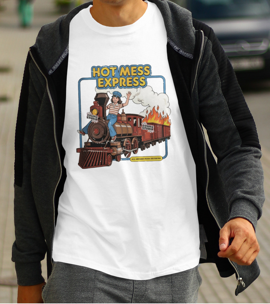 Hot Mess Express All Aboard Poor Decisions Cosmic Studio Vintage Train Cartoon T-Shirt