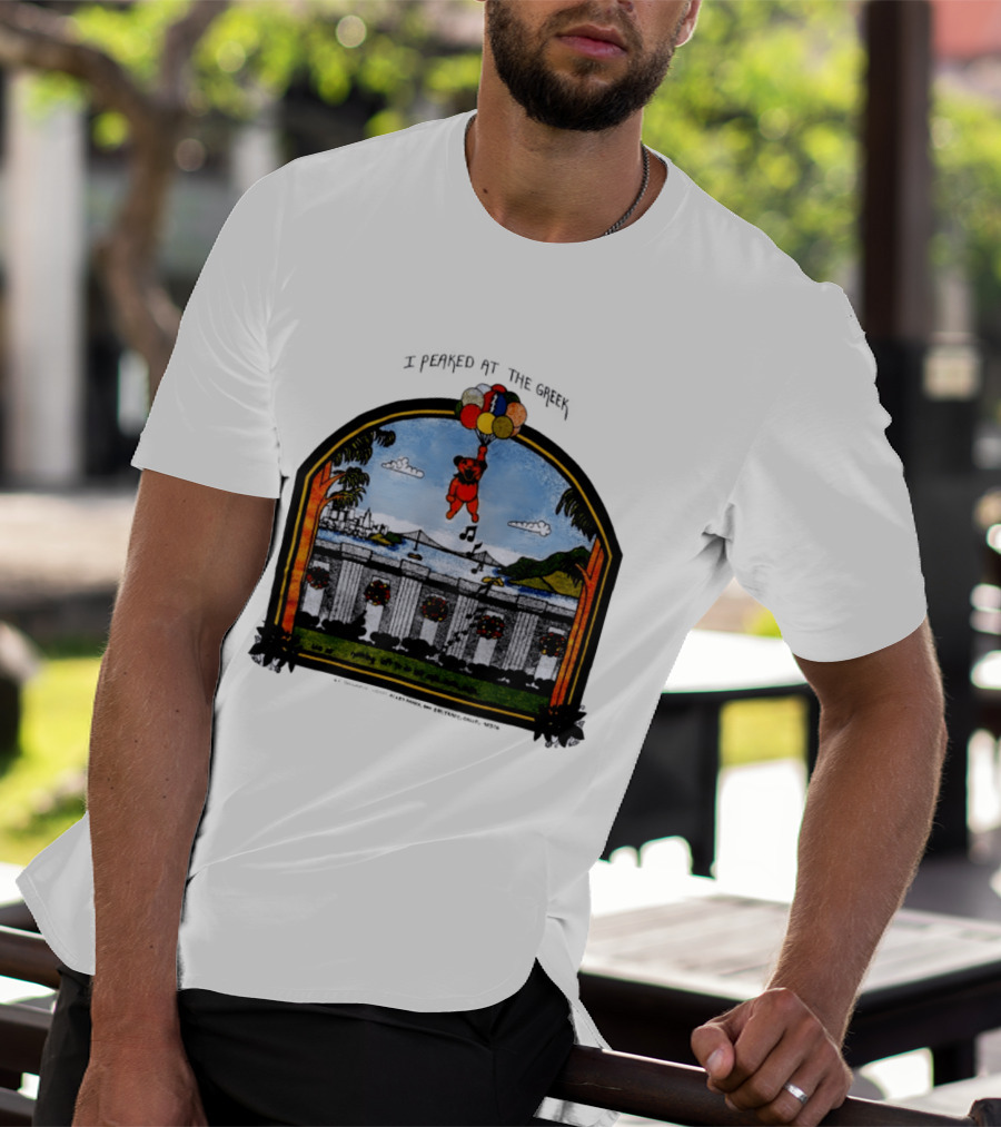 I Peaked At The Greek Grateful Dead 1985 Bear Balloons Musical Notes T-Shirt