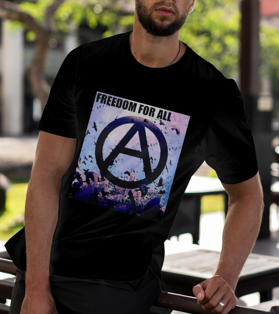 FdA IFA Freedom For All Anarchy Symbol With Birds And City Skyline T-Shirt